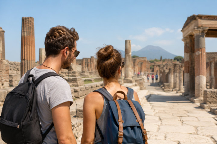 Coppia di turisti in visita agli scavi di Pompei Coppia di turisti in visita agli scavi di Pompei con un audioguida