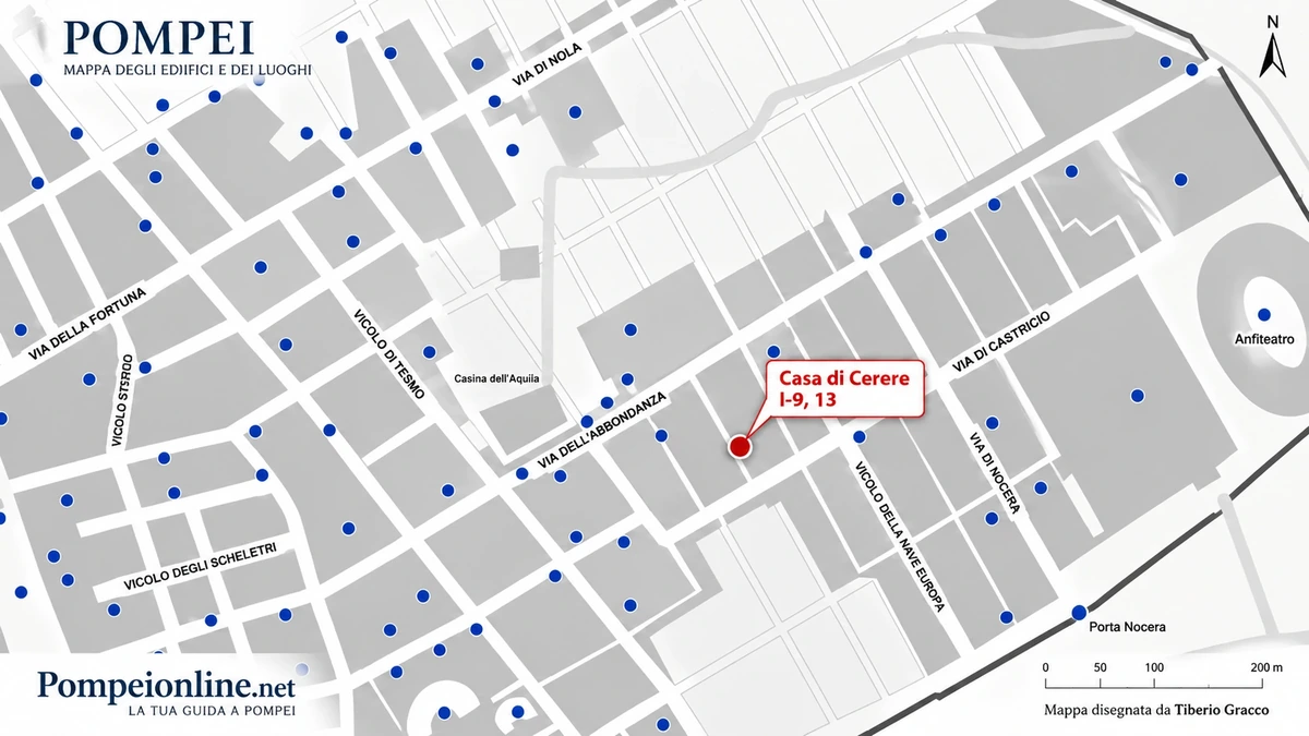 Casa di Cerere I-9, 13 nella mappa di Pompei Posizione della Casa di Cerere I-9, 13 nella mappa degli edifici e dei luoghi di Pompei